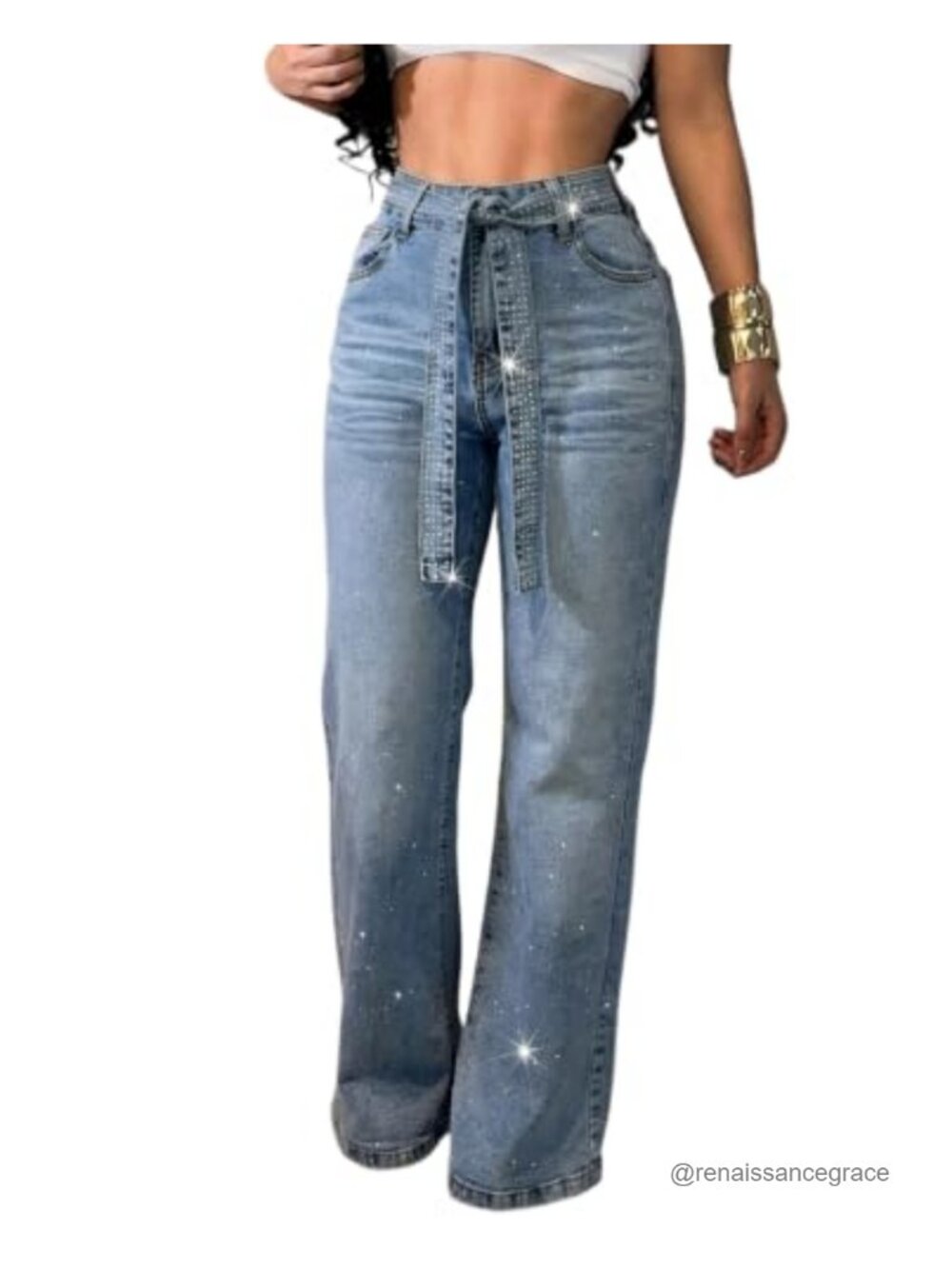 High Waisted Wide Leg Jeans Rhinestone Embellished Denim Pants with Belt